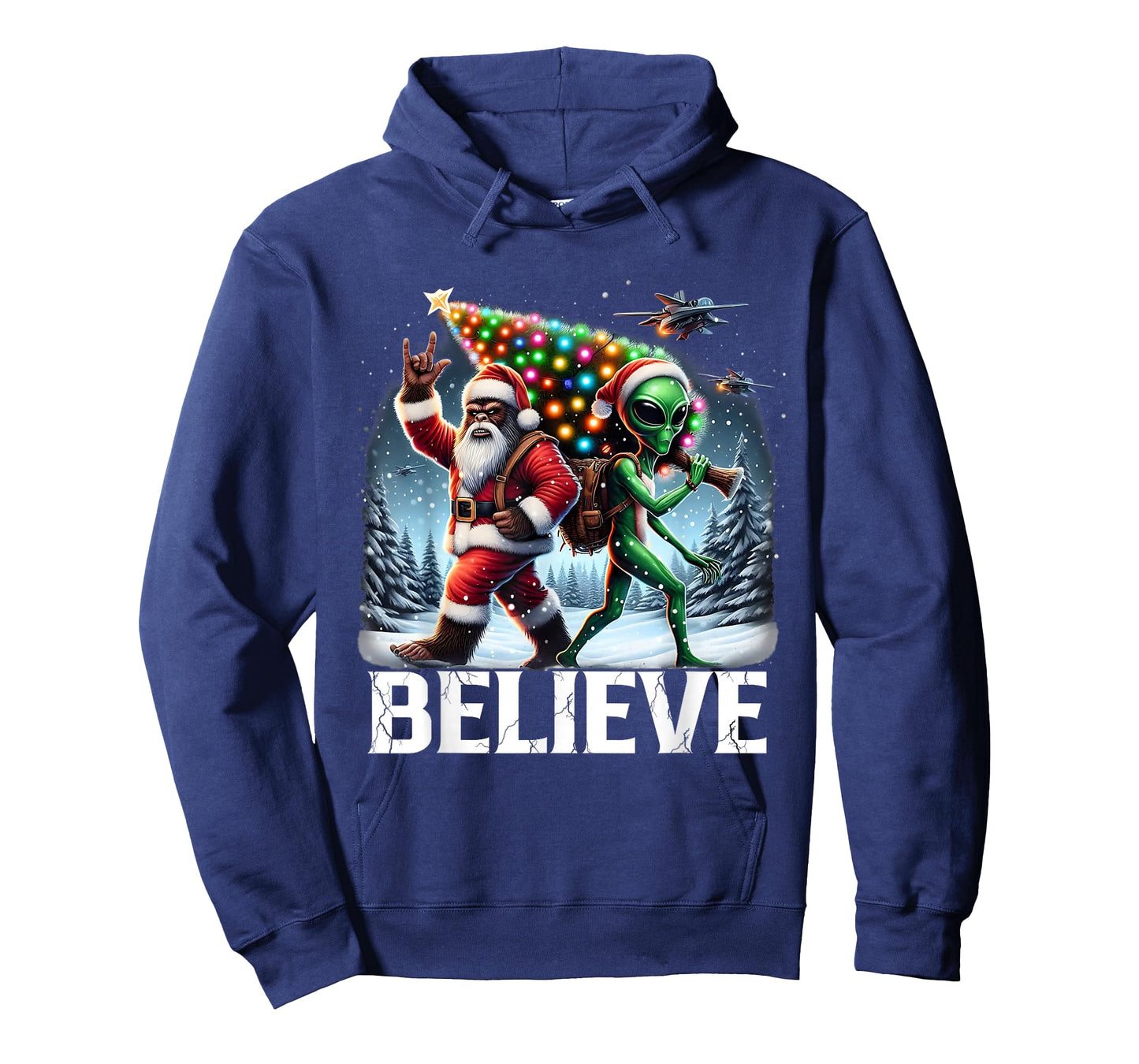 Believe Funny Alien and Bigfoot Christmas Design T-Shirt