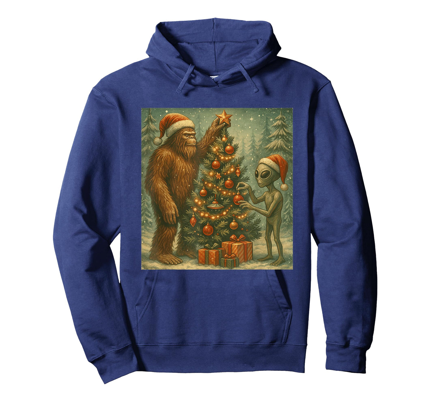 Alien and Bigfoot Decorating Christmas Tree Sasquatch Retro T-Shirt