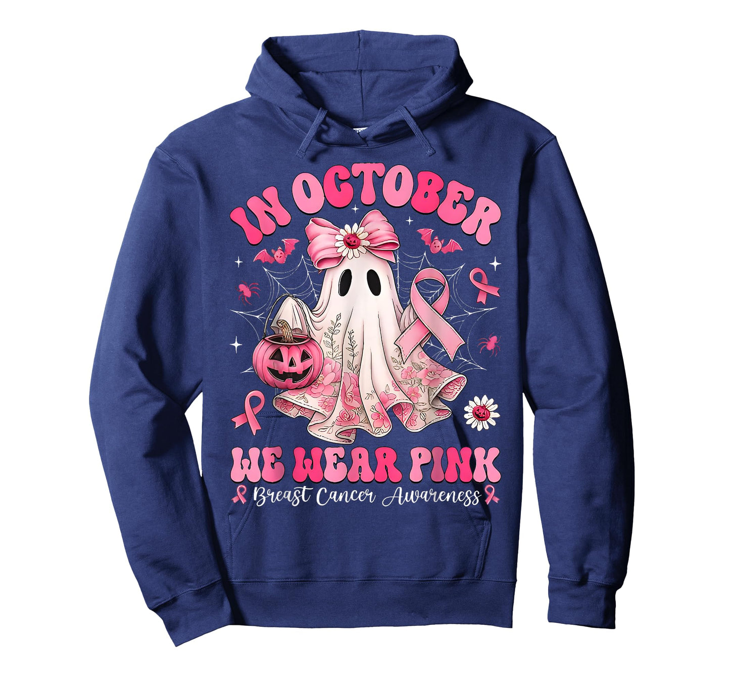 in October We Wear Pink Ghost Bow Breast Cancer Awareness T-Shirt