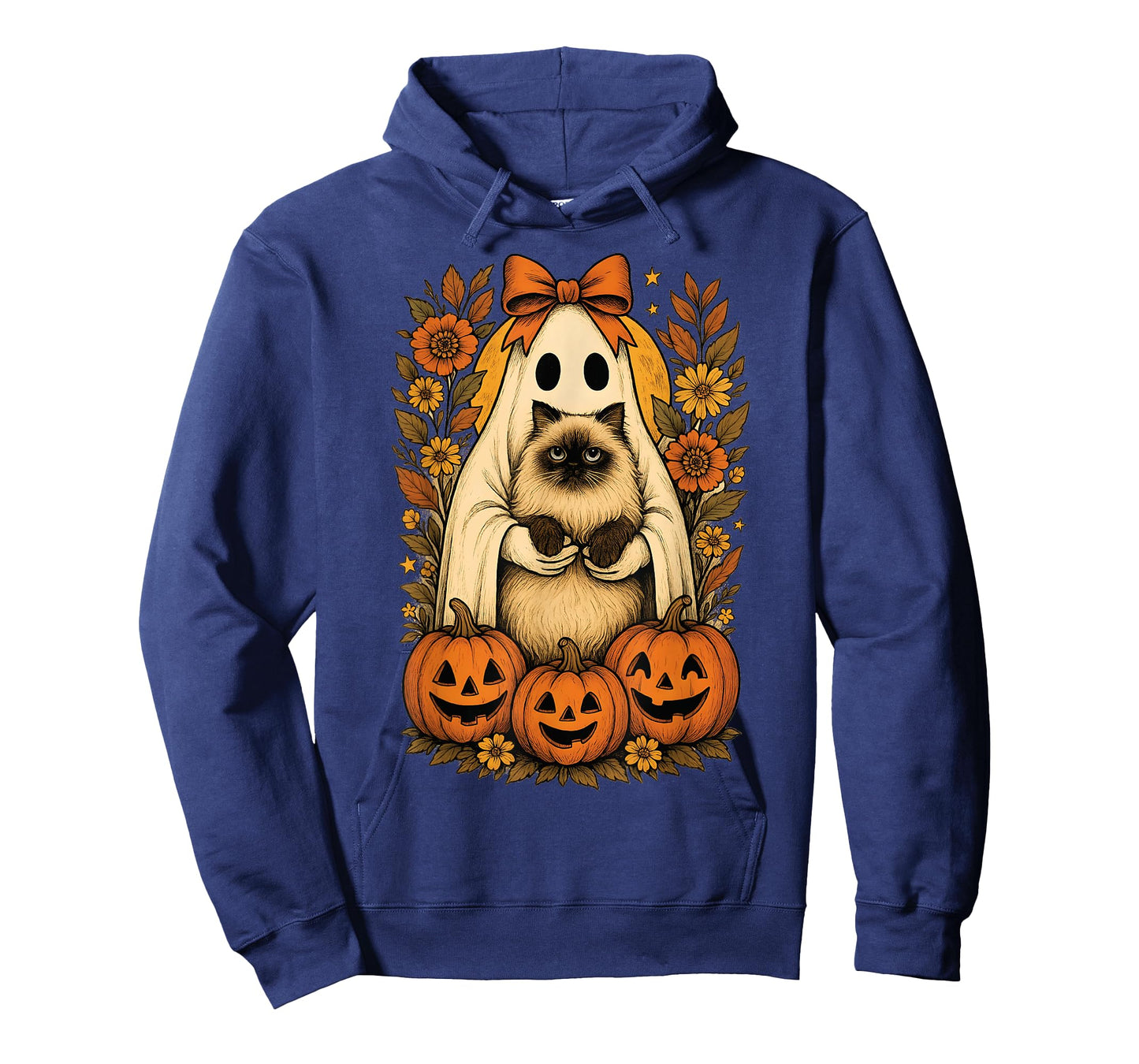 Vintage Ghost Holding Himalayan Cat with Pumpkins Halloween T-Shirt