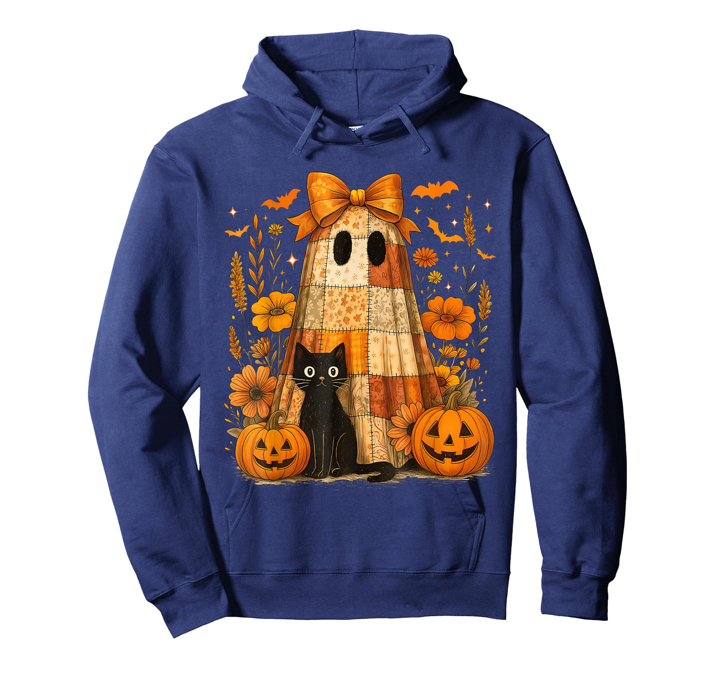 Vintage Halloween Ghost Holding Black Cat Groovy Floral T-Shirt