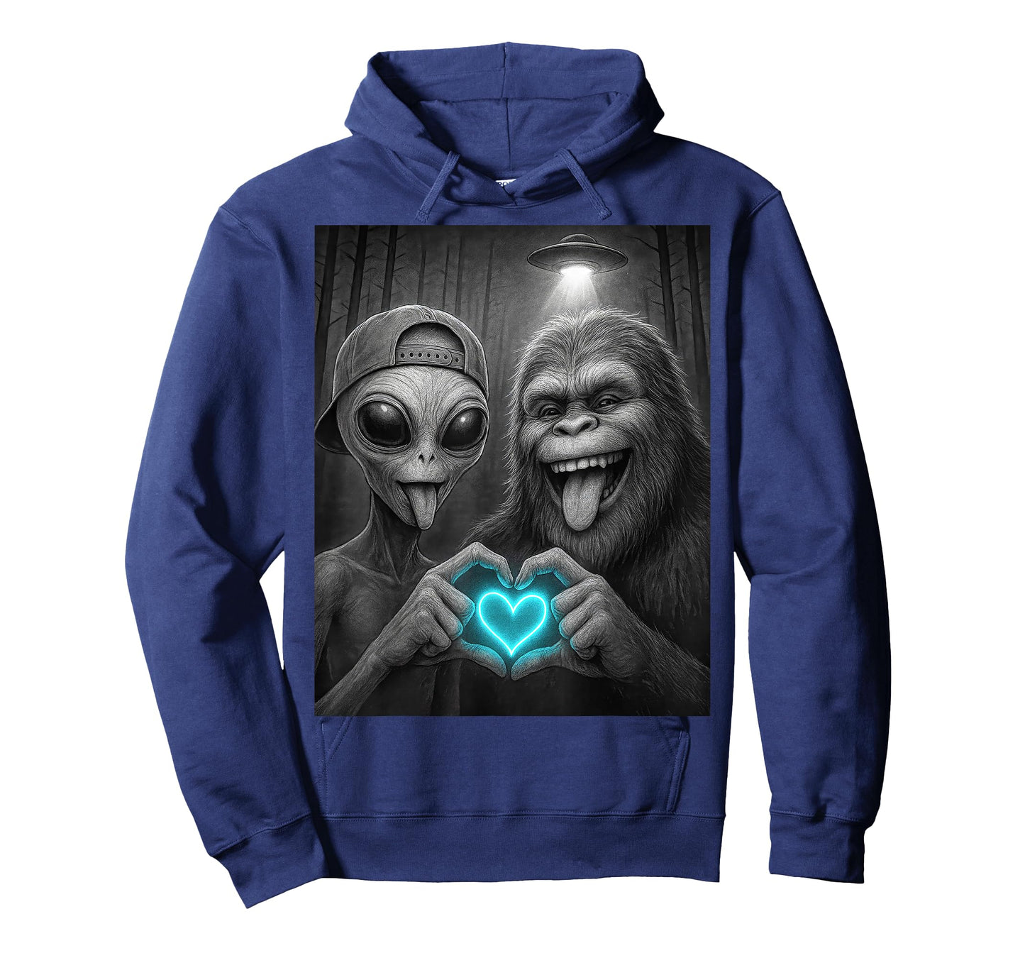 Alien and Bigfoot Heart UFO Funny Love Hand Sign Friendship T-Shirt