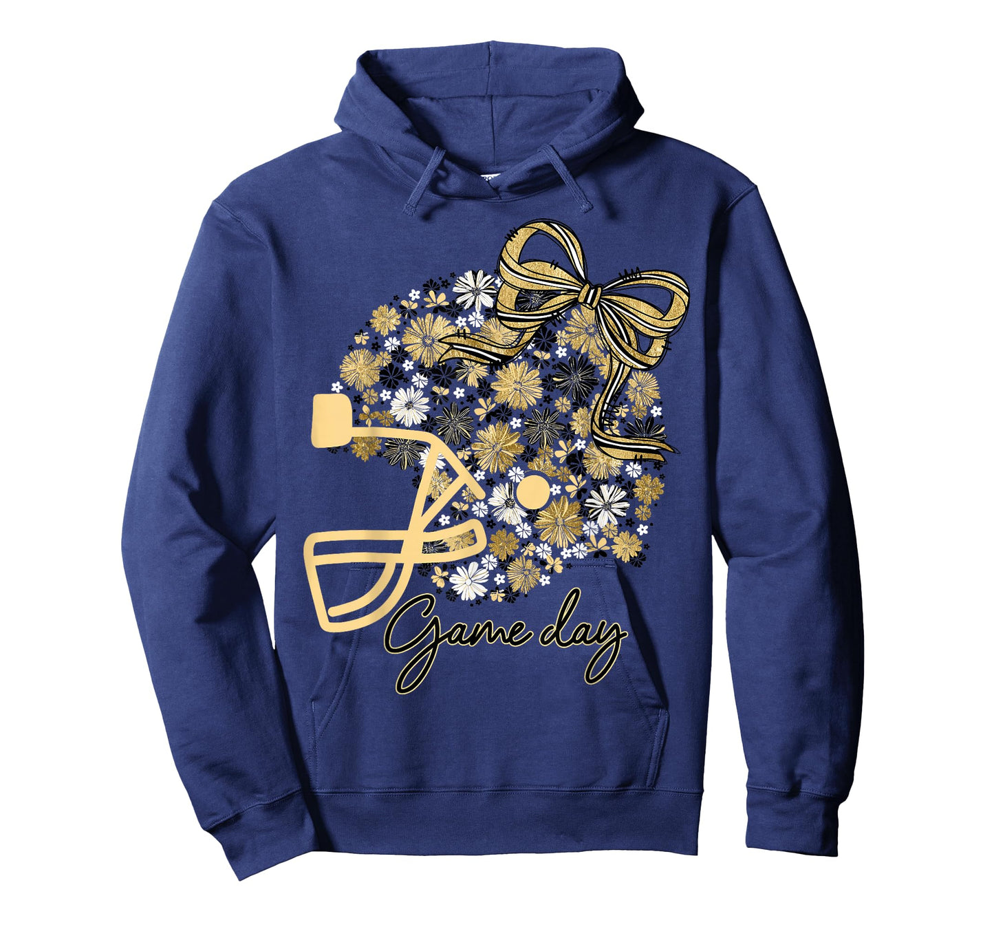Floral Football Game Day Girly Bow Team Spirit Black & Gold T-Shirt