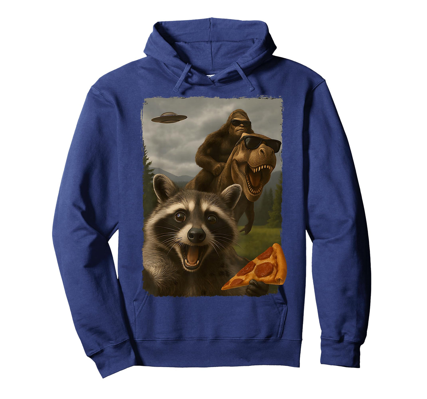 Funny Raccoon Selfie Bigfoot Sasquatch Riding T-Rex UFO T-Shirt