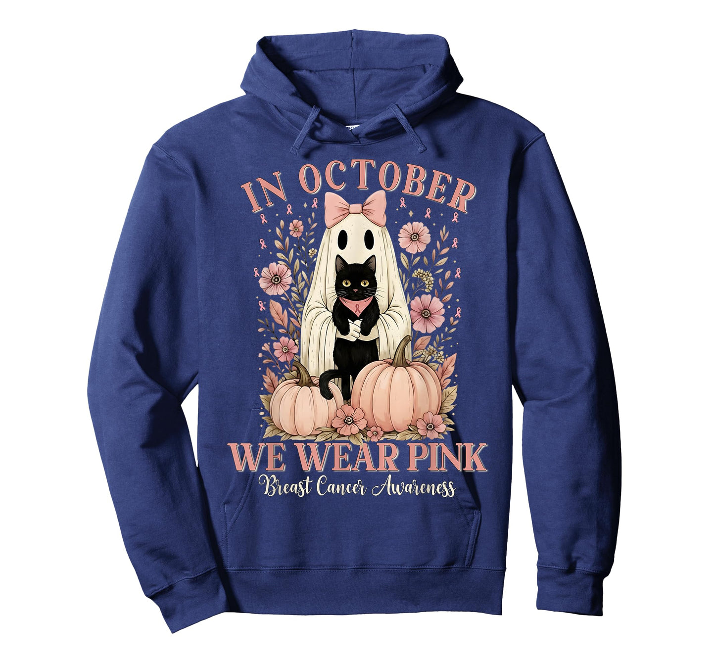 in October We Wear Pink Ghost Halloween Cat Breast Cancer T-Shirt