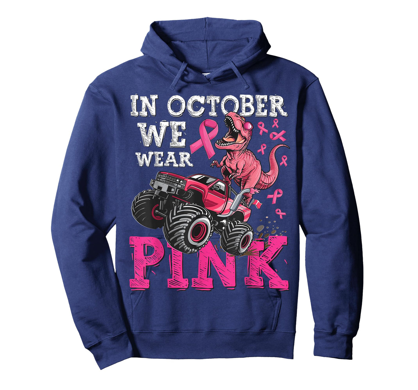 In October We Wear Pink Breast Cancer Monster Truck Dinosaur T-Shirt