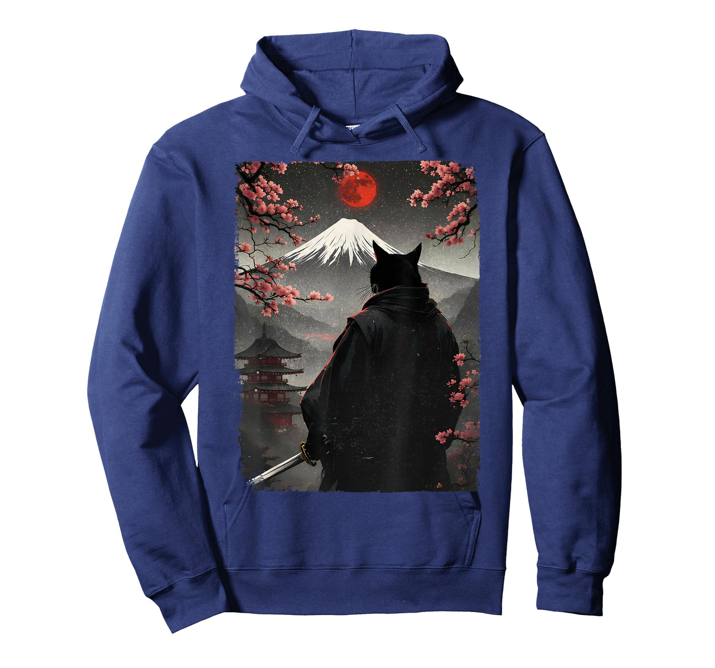 Samurai Cat Warrior Blood Moon Fuji Mount Japanese Graphic T-Shirt