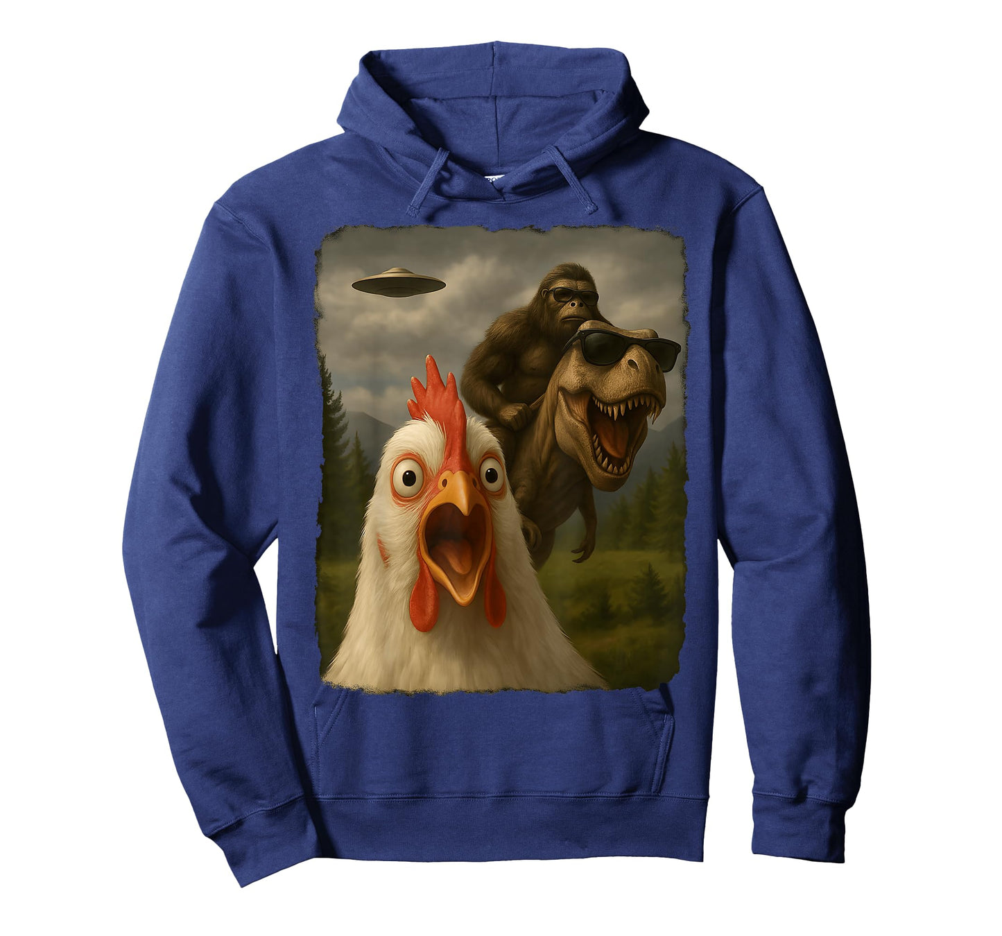 Funny Chicken Selfie Bigfoot Sasquatch Riding T-Rex UFO T-Shirt