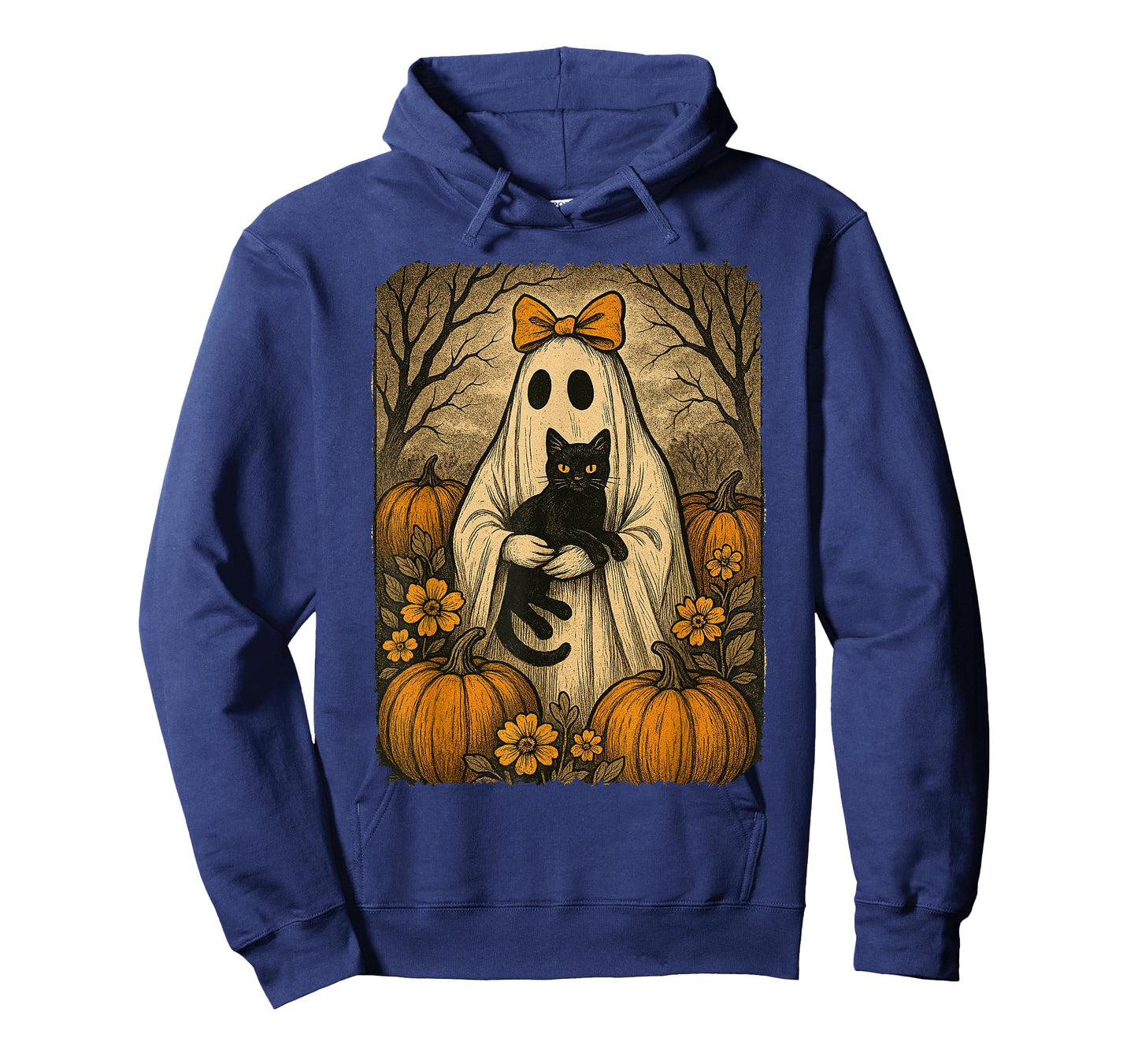 Vintage Halloween Ghost Holding Black Kitten Cat Floral T-Shirt