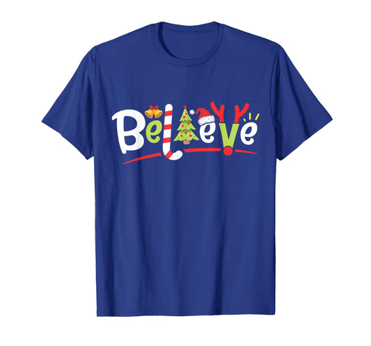 Christmas Believe Boys Girls Santa Hat Xmas Tree Antlers T-Shirt