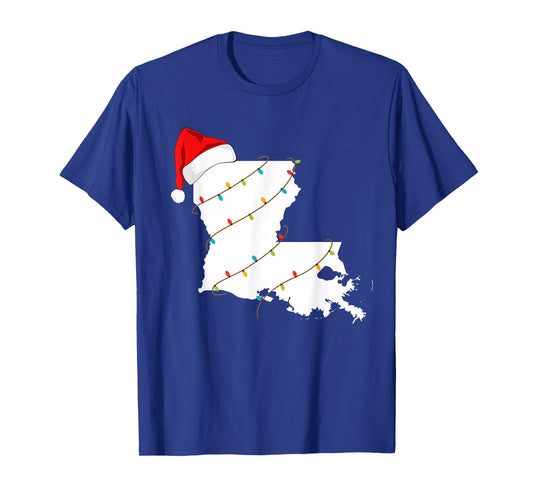 Louisiana Map Christmas T-Shirt With Santa Hat Xmas Lights T-Shirt