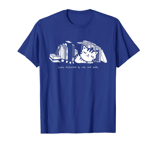 Easily Distracted by Cats And Books Cat T-Shirt Book Lover T-Shirt for Men Women Girls Kids