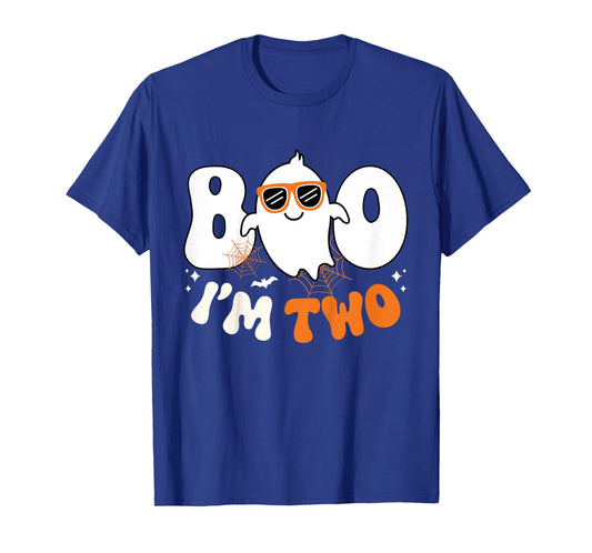 Kids Boo I'm Two Ghost Second 2nd Birthday Boy Groovy Halloween T-Shirt