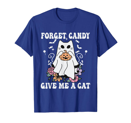 Floral Ghost Cat Halloween Forget Candy Give Me Cat T-Shirt