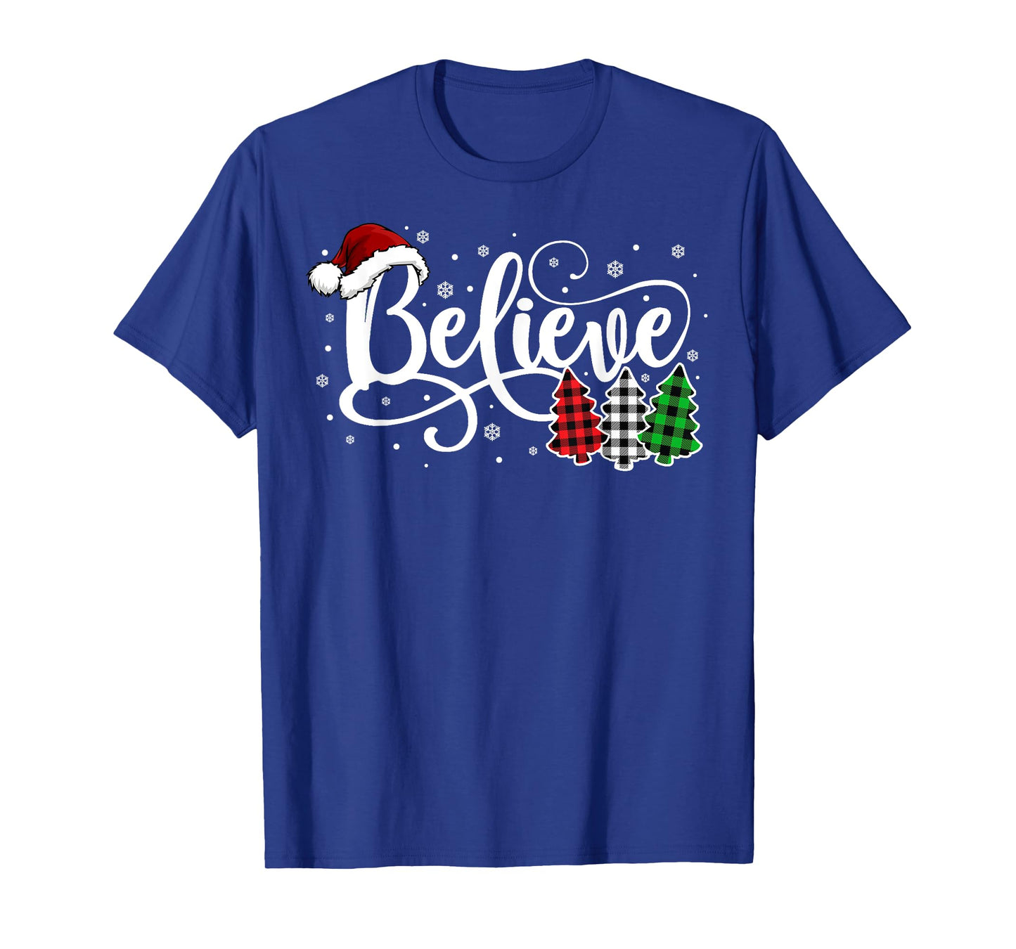 Christmas Believe Santa Claus Xmas Tree Family Buffalo Plaid T-Shirt