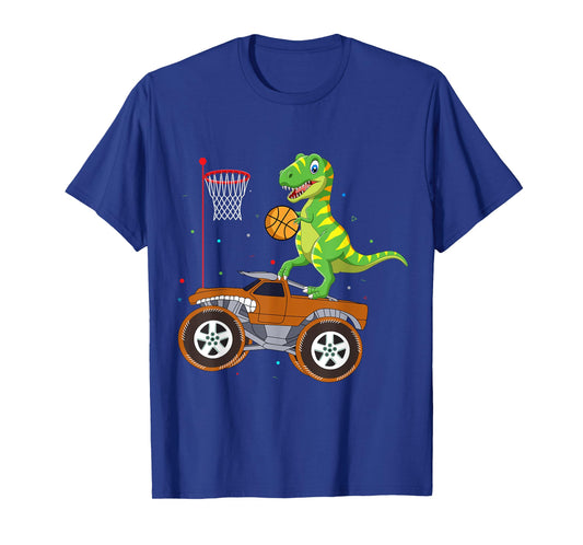 T Rex Dinosaur Playing Basketball Monster Truck Boys Girls T-Shirt