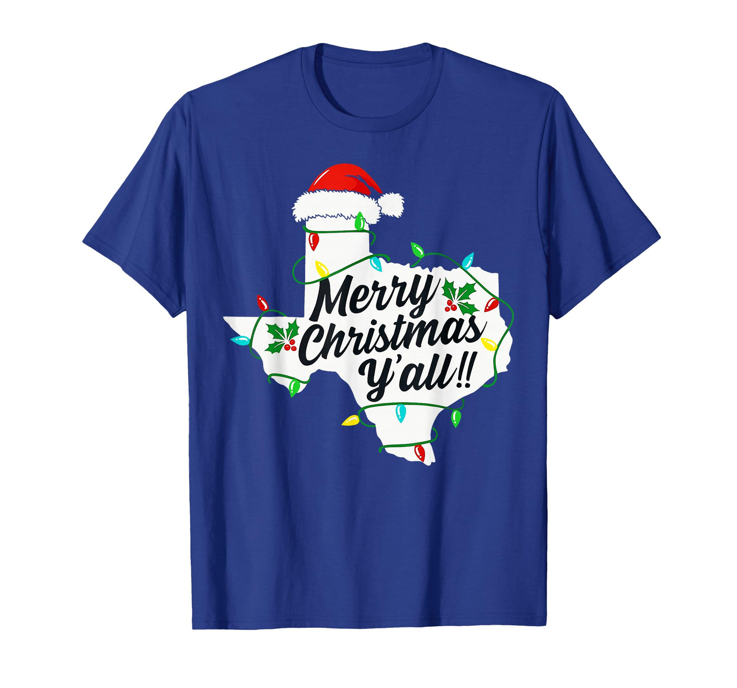 Funny Texas Merry Christmas Y'all State Santa Hat Lights T-Shirt
