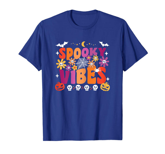 Womens Groovy Spooky Vibes Ghost Floral Retro Halloween Team Spooky T-Shirt