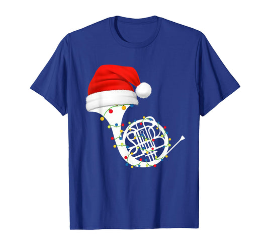 French Horn Christmas Santa Hat Lights Music Lover Xmas T-Shirt