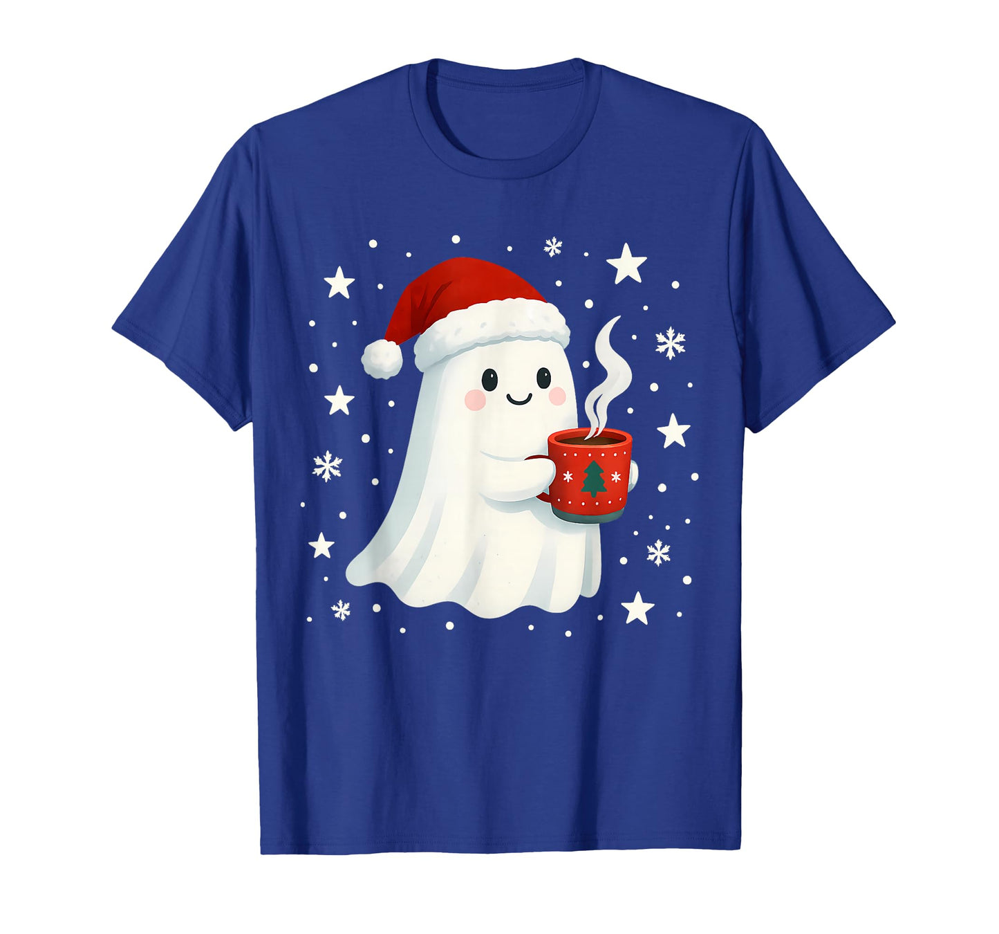 Cute Christmas Ghost Wearing Santa Hat Holding Hot Cocoa Mug T-Shirt