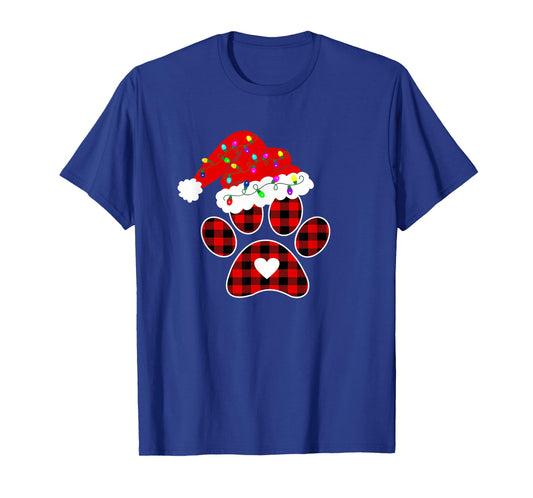 Buffalo Plaid Christmas Paw Dog with Santa hat & Lights Men Women Kids T-Shirt