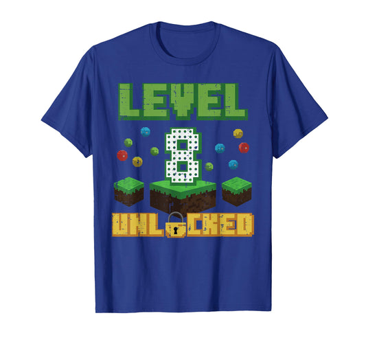 Level 8 Unlocked Pixel Gamer 8th Birthday Gaming Boys Kids T-Shirt