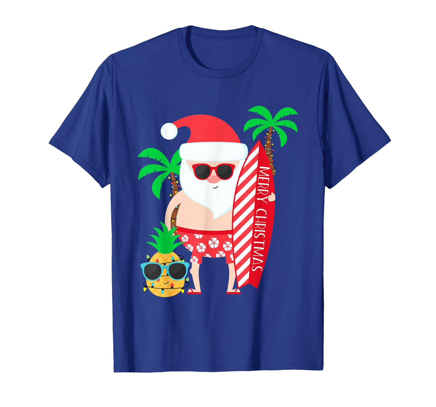 Santa Surfing Hawaiian Beach Christmas In July Tropical T-Shirt