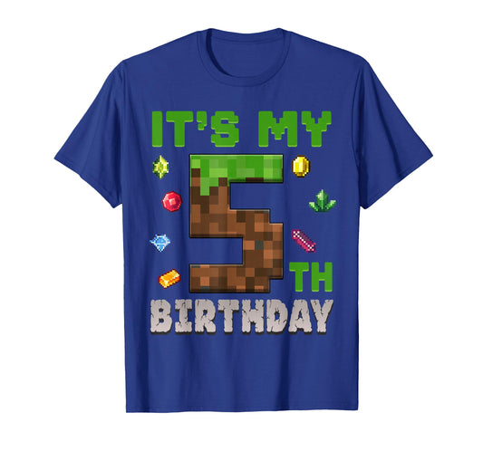 Birthday Boy It's My 5th Birthday 5 Year Old Pixel Gamer T-Shirt