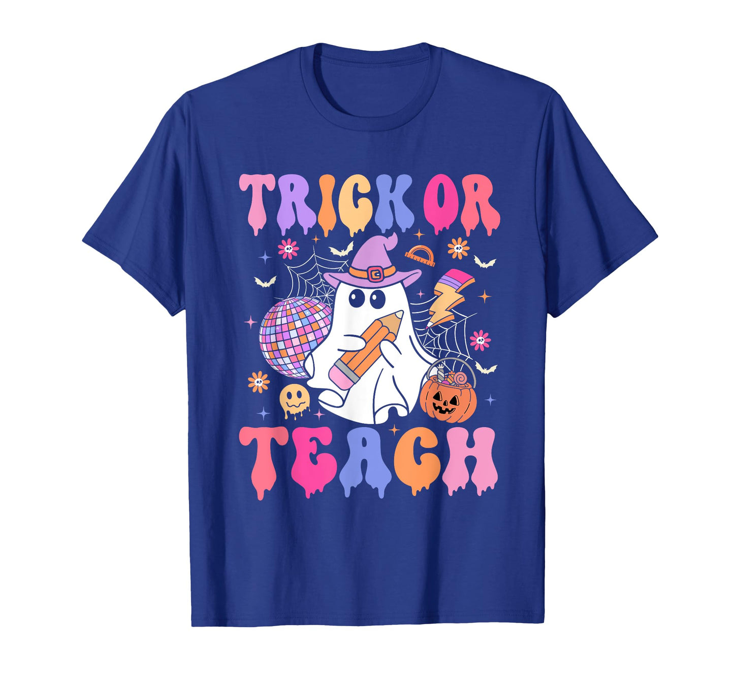 Trick Or Teach Groovy Halloween Floral Ghost Teacher T-Shirt