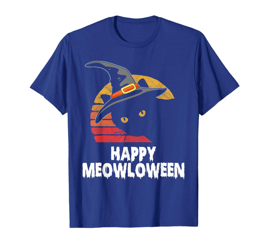 Happy Meowloween! Funny Cat Witch's Hat Halloween 80s Sunset T-Shirt