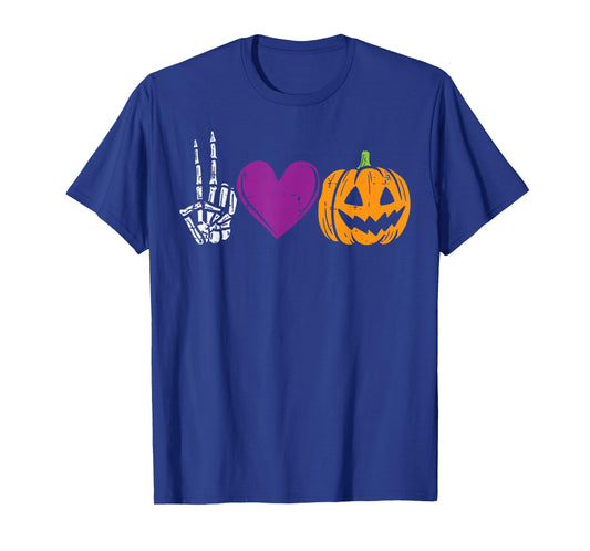 Skeleton Peace Heart Pumpkin Funny Halloween Men Women Kids T-Shirt