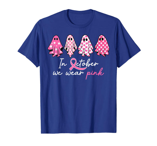 in October We Wear Pink Ghost Witch Breast Cancer Awareness T-Shirt