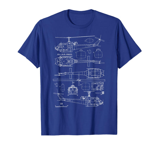 Bell UH-1 Huey Blueprint USA Veteran Military Aircraft Pilot T-Shirt