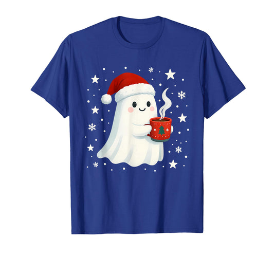 Cute Christmas Ghost with Hot Cocoa Santa Hat Winter Holiday T-Shirt