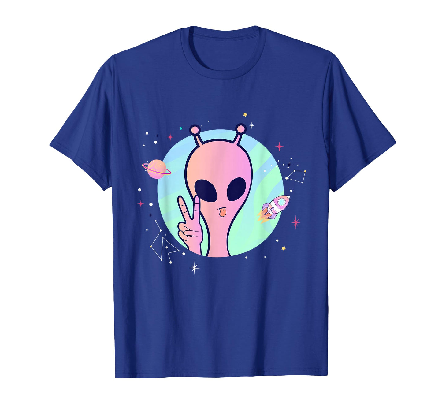 Peace Sign Hand Planet Stars UFO Cool Trippy Pink Alien T-Shirt