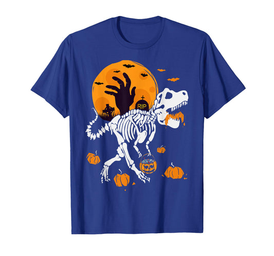 Pumpkin Trex with Moon Halloween Dinosaur Skeleton T-Shirt
