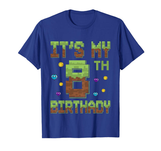 Birthday Boy It's My 8th Birthday 8 Year Old Pixel Gamer T-Shirt