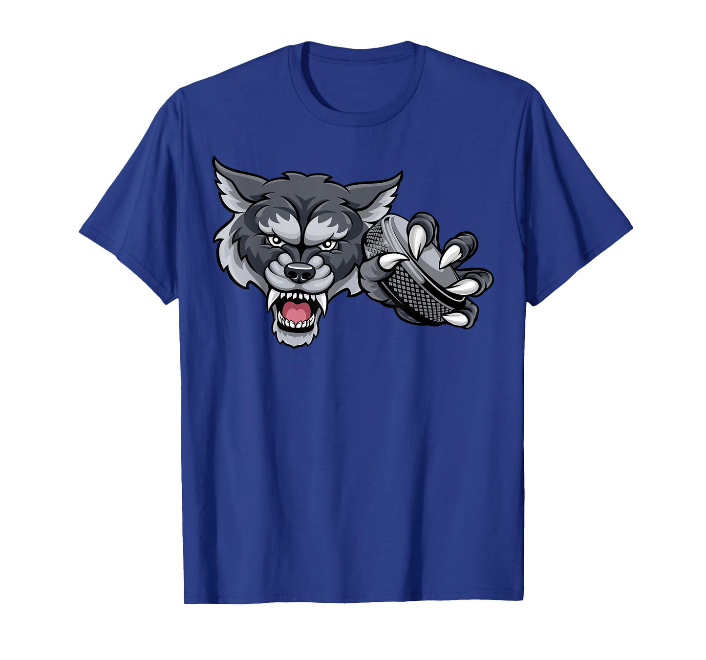 Wolf Cartoon Sports Wolves Team Mascot Holding Hockey Puck T-Shirt