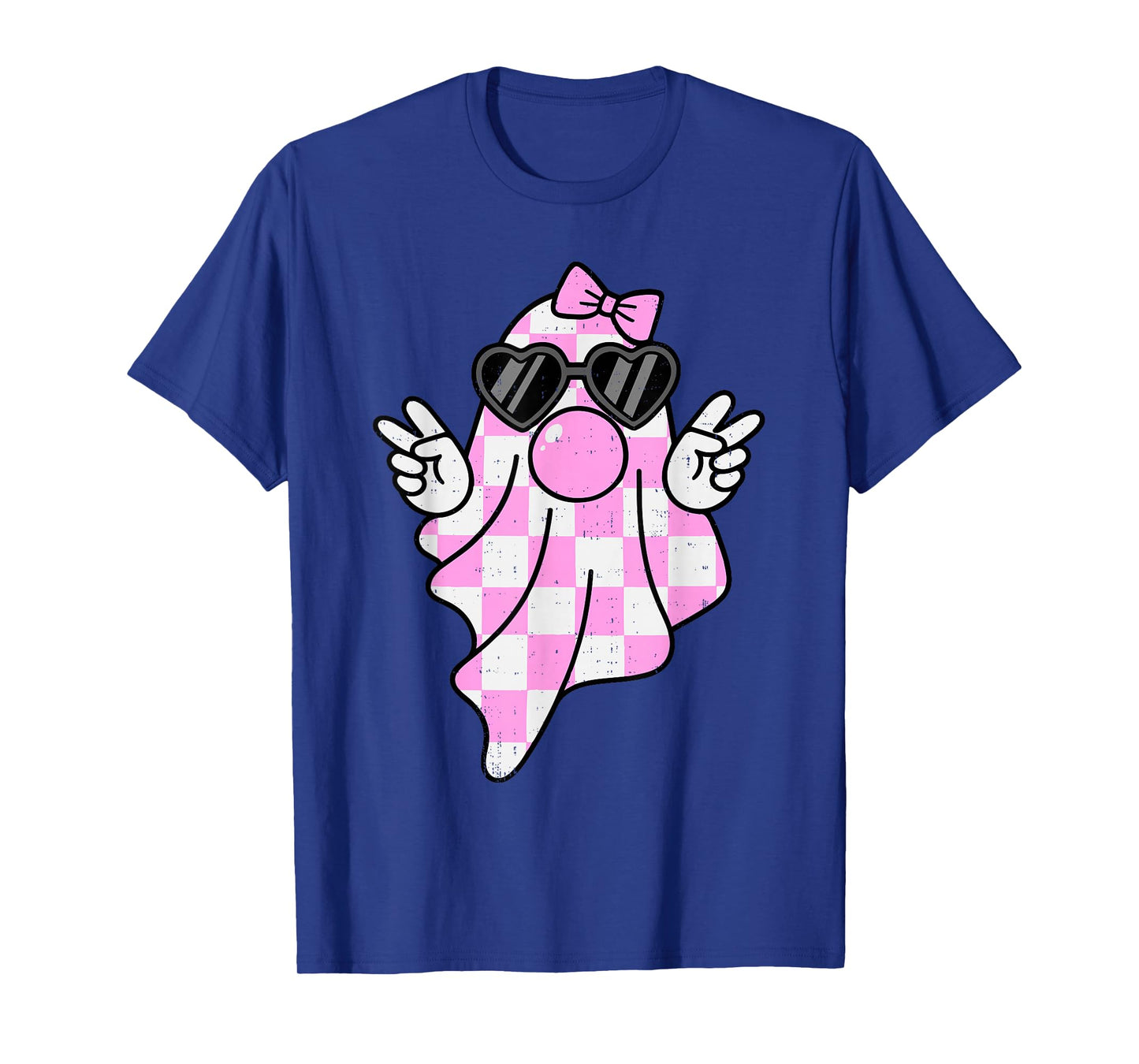 Cute Pink Plaid Ghost Bubblegum Peace Sign Halloween Girl T-Shirt