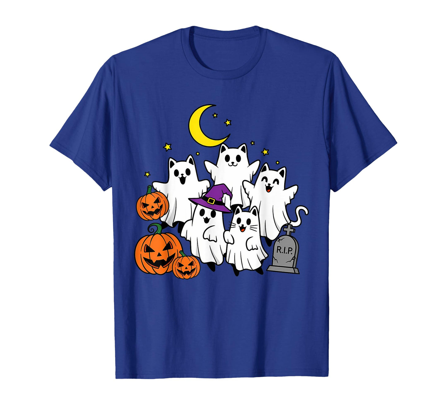 Cute Ghost Cats and Pumpkins Graveyard Fun Halloween Costume T-Shirt