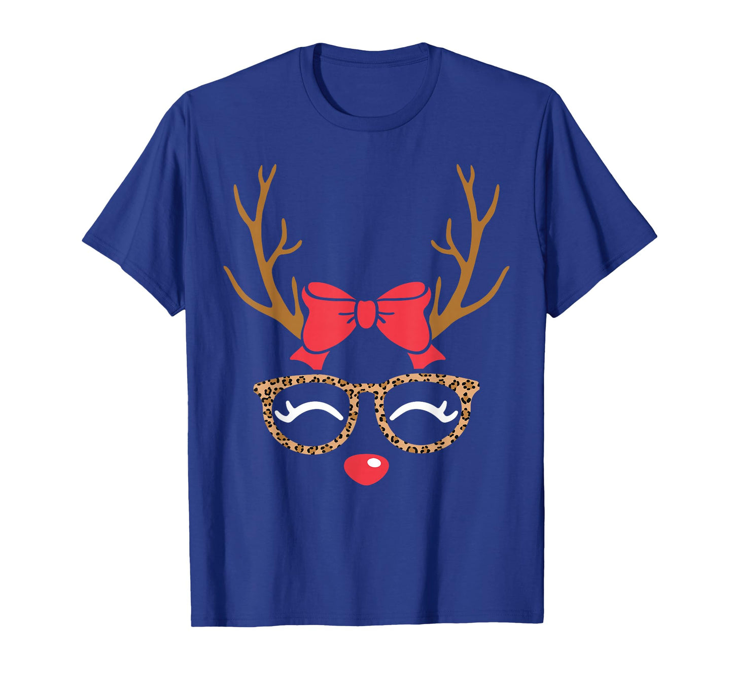 Reindeer Face Bow Leopard Glasses Christmas Womens Girls T-Shirt