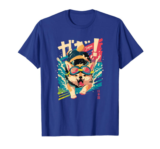 Japan Snarling Shiba Inu Anime Swimming Art - Cute Japanese T-Shirt