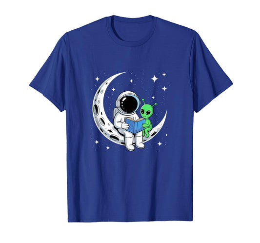 Astronaut Reading Book to Alien Moon Space Astronomy T-Shirt