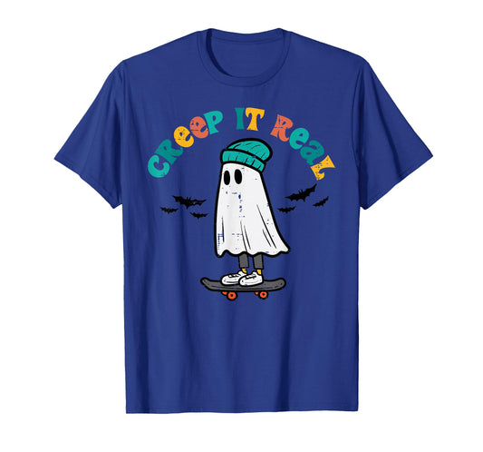 Ghost Skateboard Creep It Real Retro Halloween Skater Boys T-Shirt