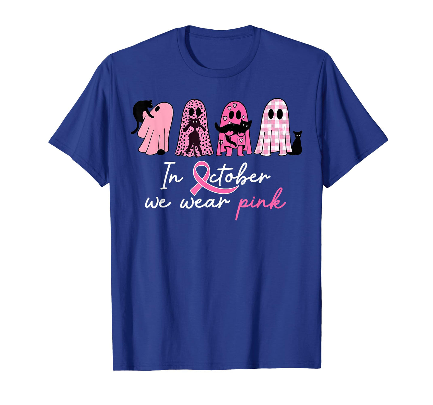 in October We Wear Pink Pumpkin Cat Breast Cancer Awareness T-Shirt