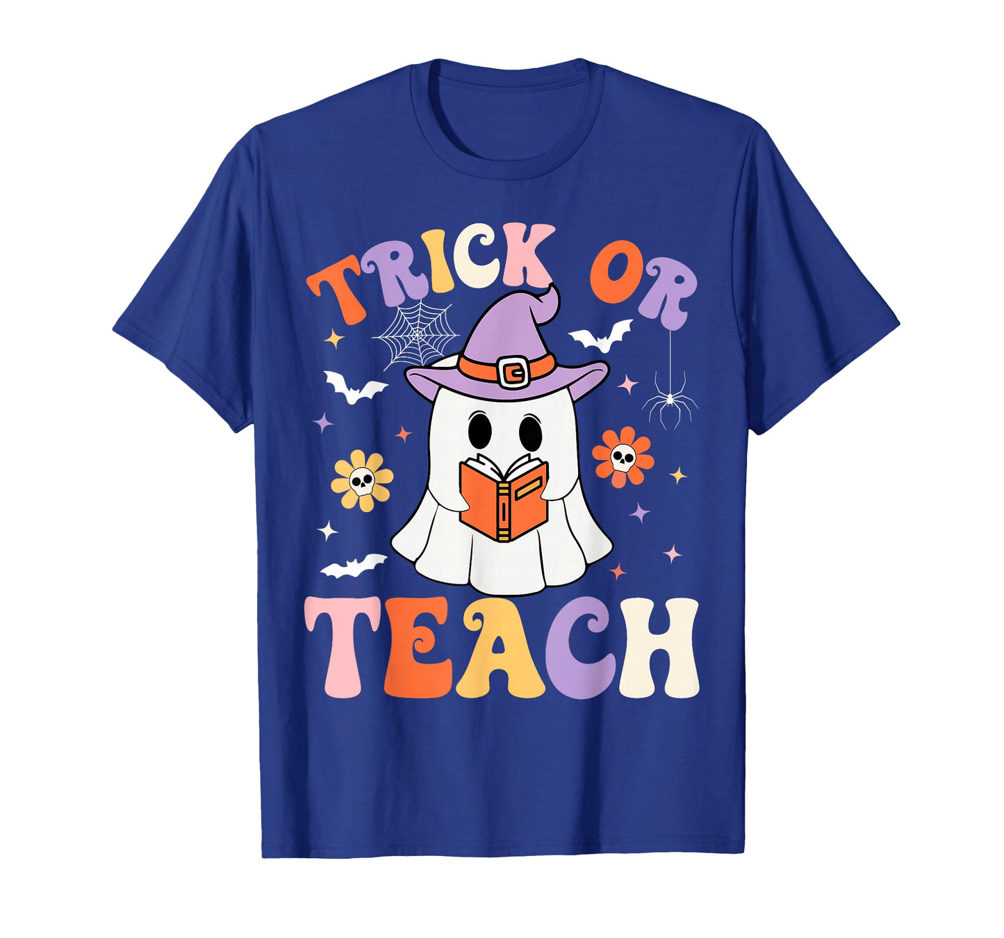 Trick Or Teach Teacher Groovy Ghost Funny Halloween Teacher T-Shirt