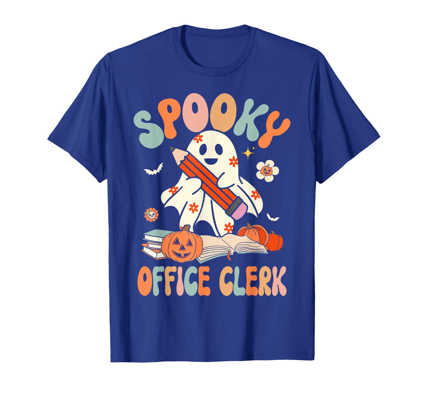 Groovy Halloween Spooky Office Clerk Retro Floral Ghost T-Shirt