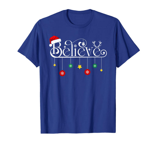 Believe Christmas Santa Claus Reindeer Candy Cane Xmas T-Shirt
