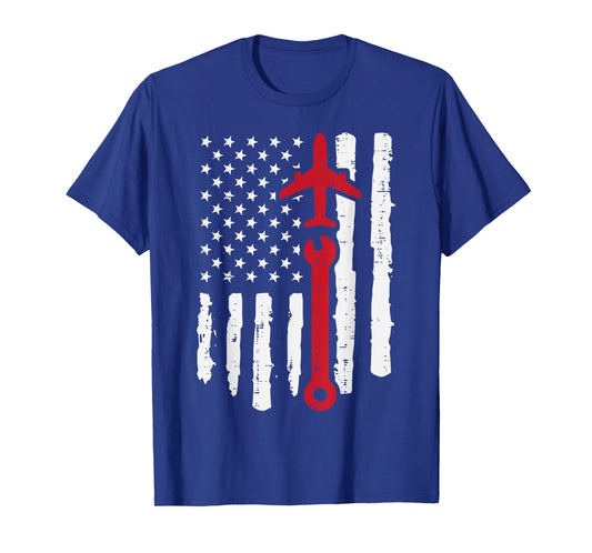US Flag Airplane Wrench Aircraft Mechanic Patriot Men Women T-Shirt