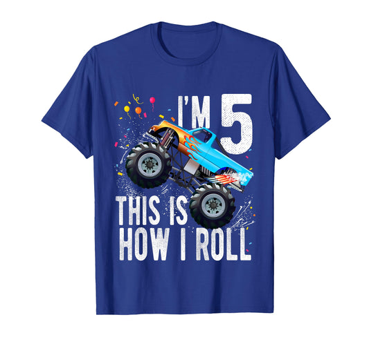 Kids 5 Year Old Shirt 5th Birthday Boy Monster Truck Car T-Shirt